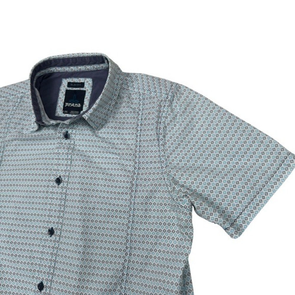 Prana Shirt Men's Small Slim Fit Short Sleeve Geometric Diamond‎ Print Button Up